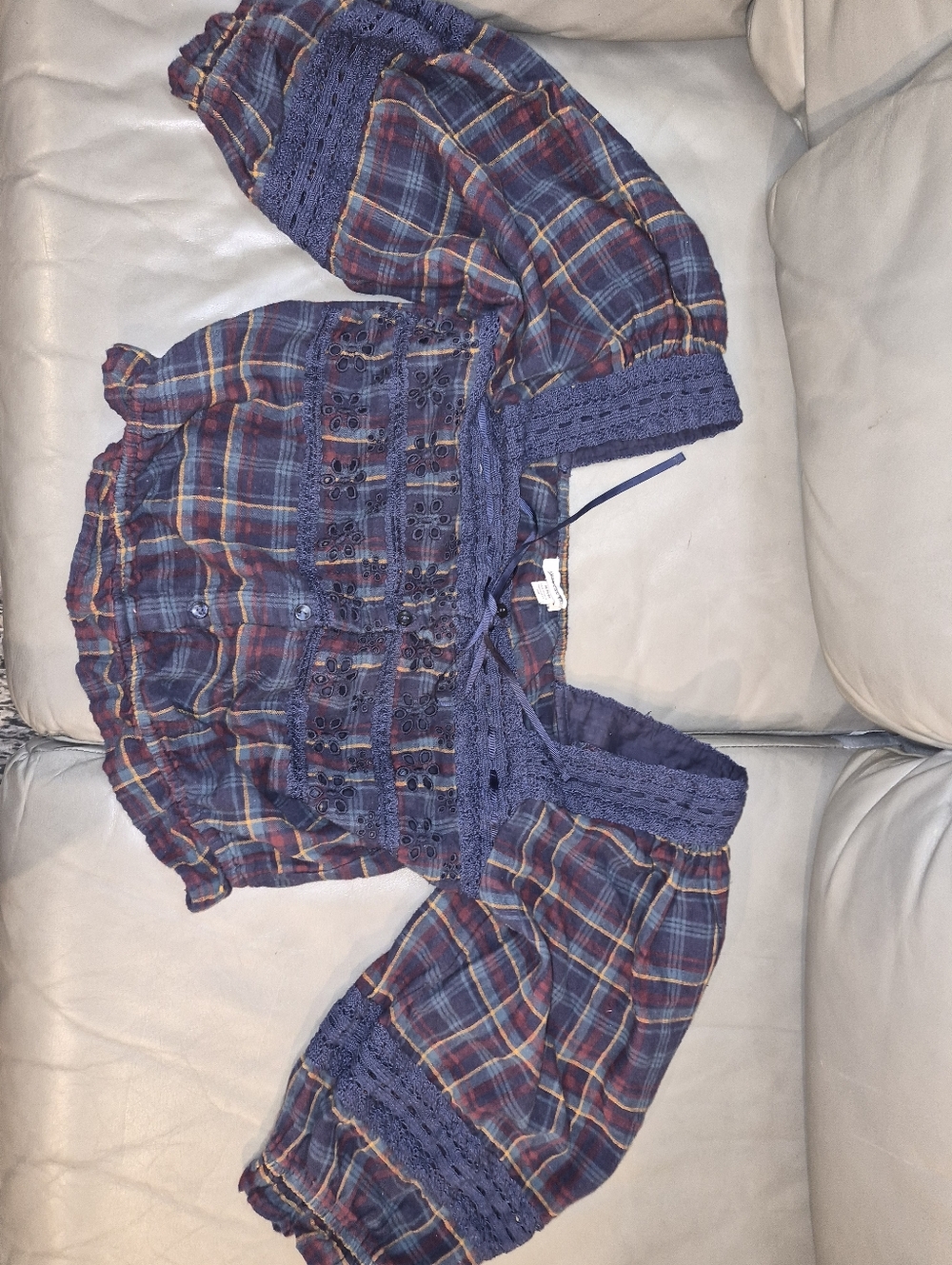 American Eagle Plaid Crochet-Trim Boho Peasant Crop Top - Blue & Red M